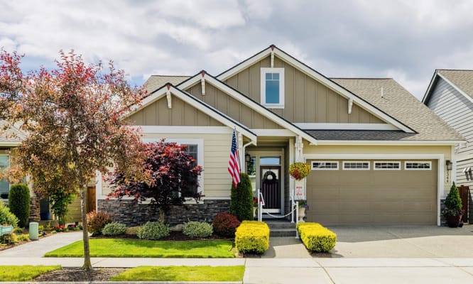 Exterior view of a residential building with landscaping