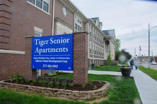 Sign for Tiger Senior Apartments at 309 S Main St, Paris, IL