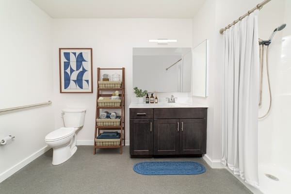 Bright bathroom space with modern decor and amenities