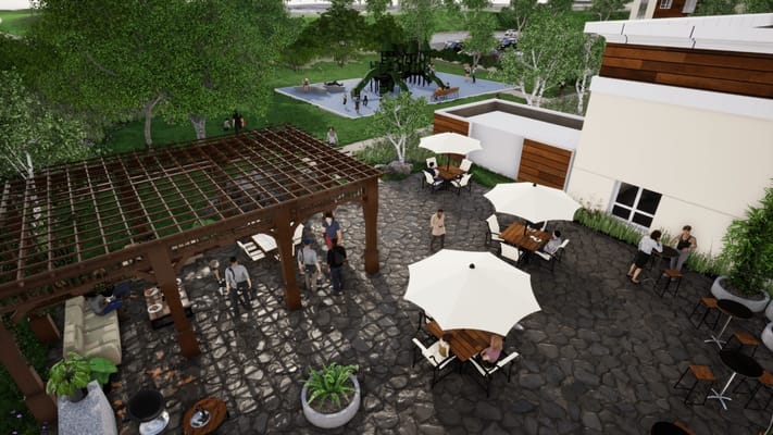 Residents socializing in the outdoor courtyard with umbrellas and greenery.