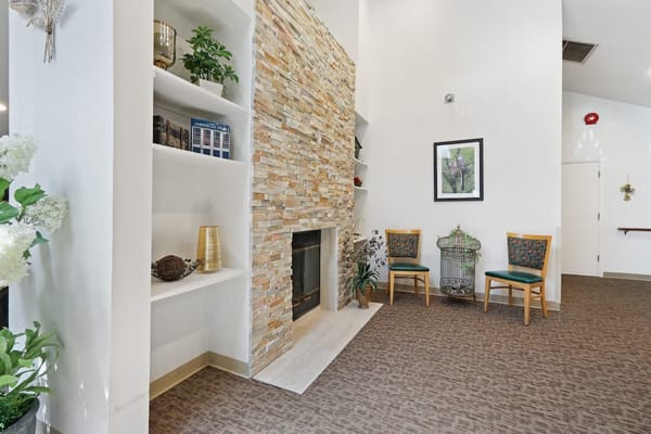 Interior of a cozy common area with a fireplace