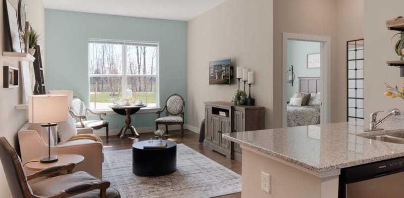 Bright and inviting common area in assisted living facility