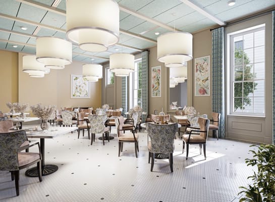 Bright dining room with elegant seating and decor