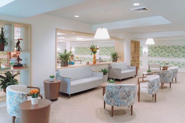 Cozy lounge area with seating and plants