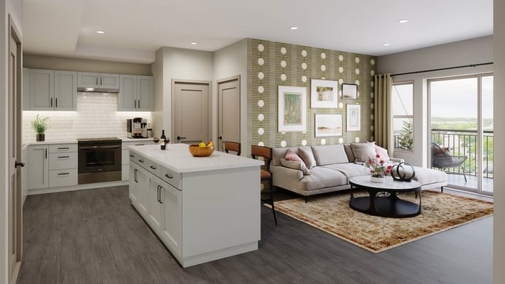 Elegant living room with kitchen and balcony view in The Gallery at Fort Collins Leasing Center