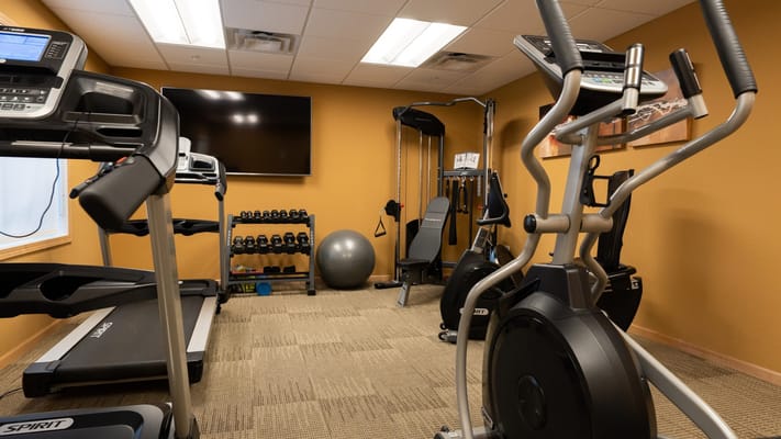 Well-equipped fitness room with exercise machines and weights