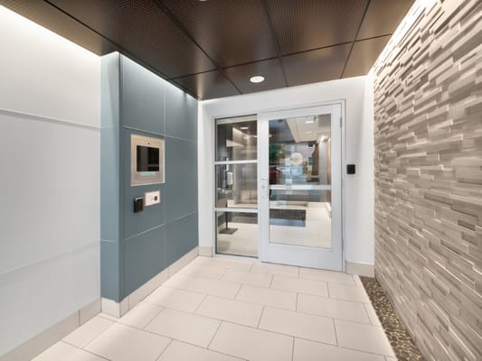 Modern interior entrance with glass doors