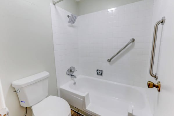 Accessible bathroom with a bathtub and grab bars