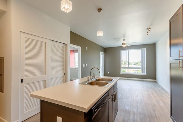Bright interior view of an apartment kitchen and living area