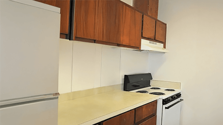 Interior view of a kitchen area with appliances