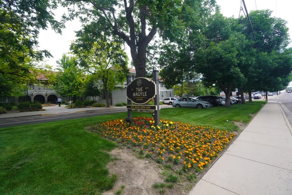 Sign of The Argyle senior living facility surrounded by flowers