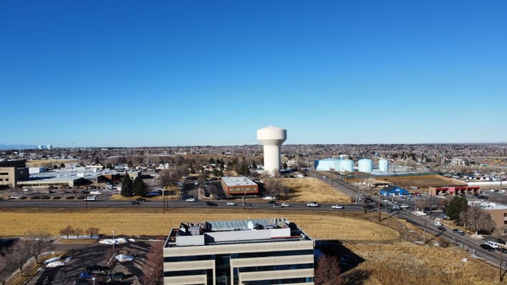 Aerial view of Clare of Assisi and surrounding area in Westminster, Colorado.