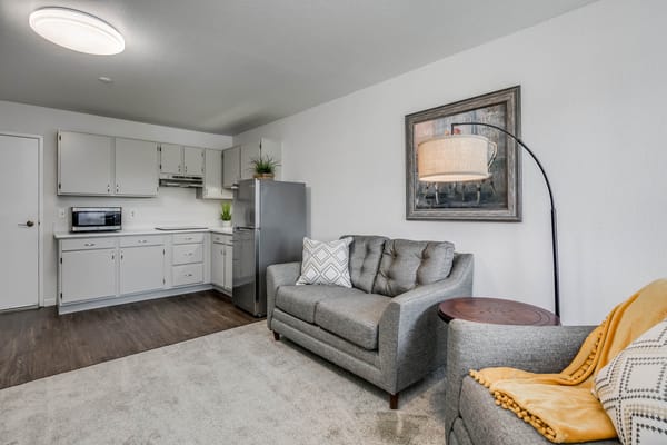 A modern living room featuring a gray couch, a floor lamp, and kitchen area in the background.