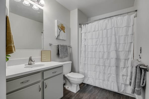 Bright and inviting bathroom with modern fixtures and decorative accents.