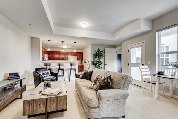 A spacious living room with a sofa, coffee table, and kitchen area.