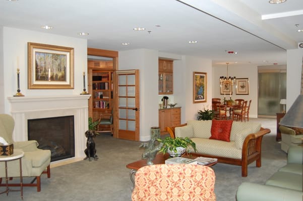 Cozy common area with seating and fireplace