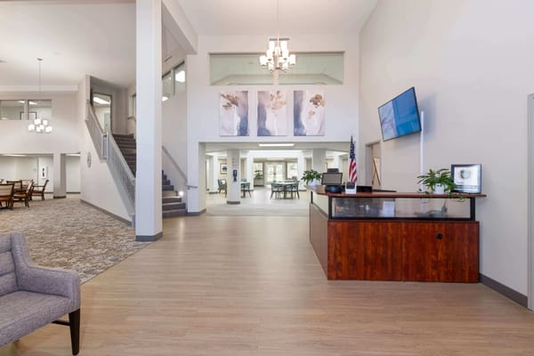 Bright lobby area with welcoming decor and seating