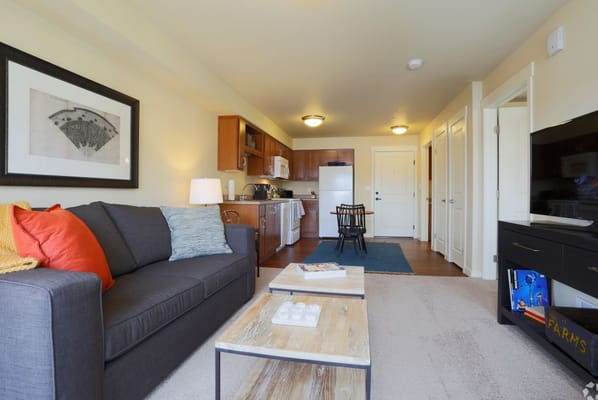 Cozy apartment interior with kitchen and living area