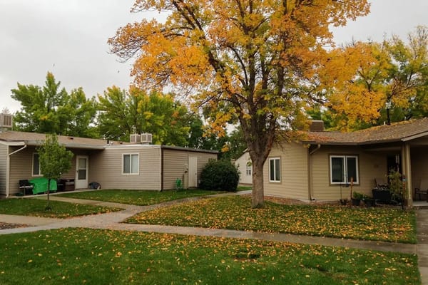 Outdoor view of Walnut Park Apartments with trees and pathways