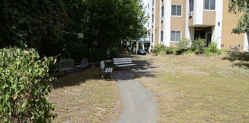 Pathway leading to outdoor seating area at Pilgrim Towers