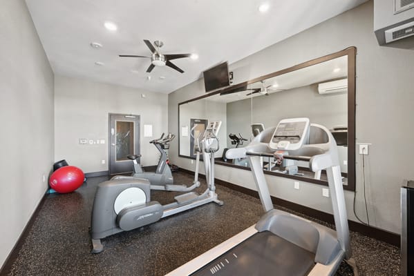 Gym with exercise equipment and mirrors