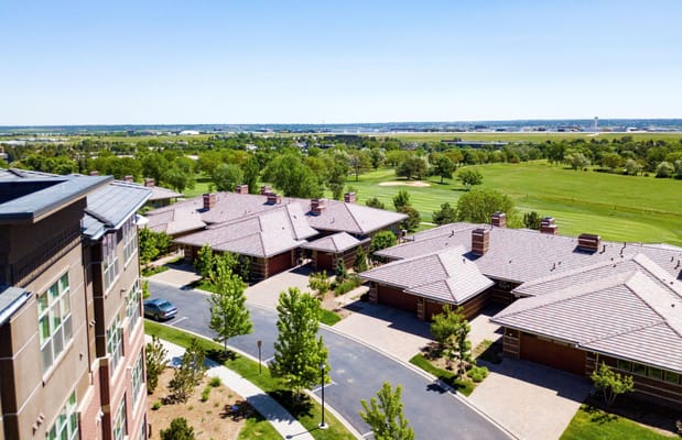Aerial view of residential buildings in a senior living community
