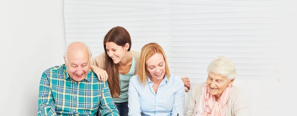 Residents and staff engaging in an activity together