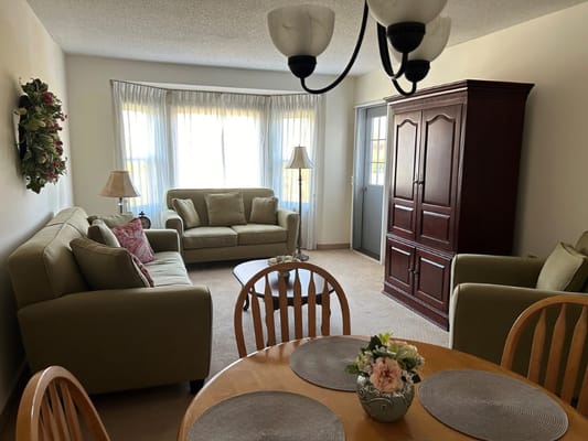 Comfortable living room with sofas, a dining table, and decorative accents.