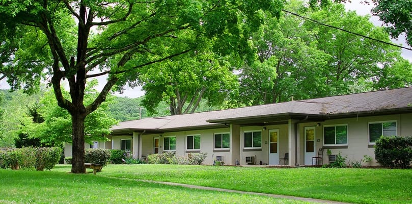 Exterior view of Birchwood Manor Senior Apartments with greenery