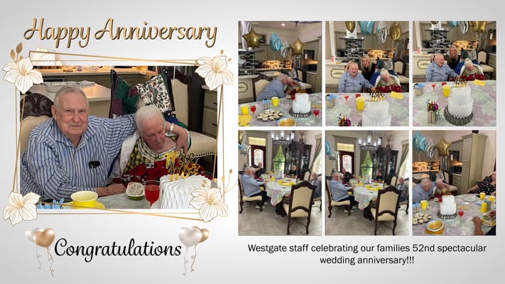 Residents celebrating a wedding anniversary with staff and food