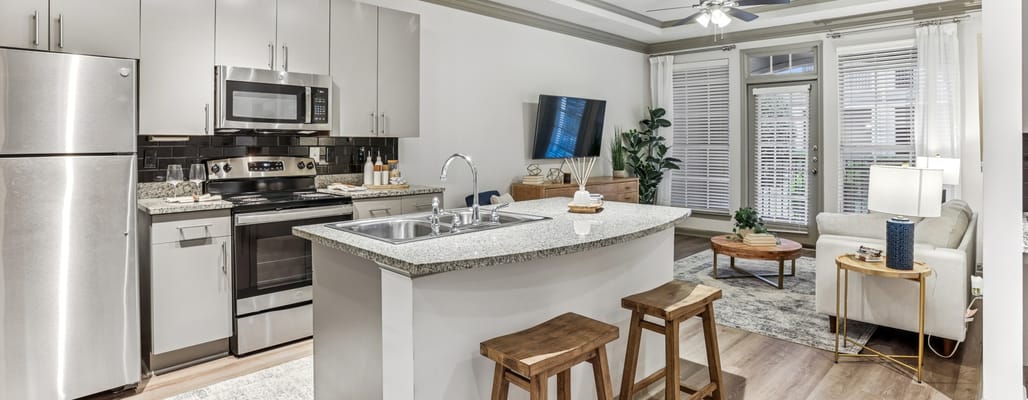 Modern interior of a senior living kitchen and living area