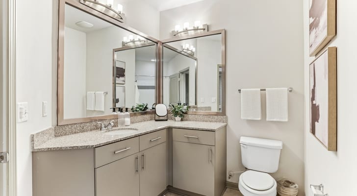 Modern bathroom with a dual sink and large mirror