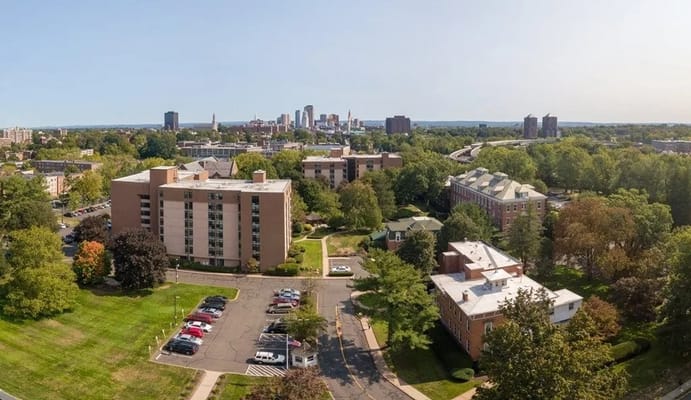 Aerial view of Shepherd Park Elderly Housing with Hartford skyline in the background