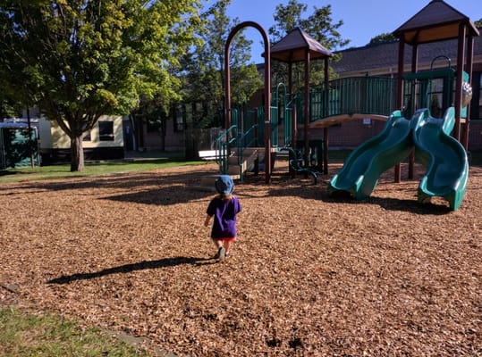 Child walking towards playground equipment