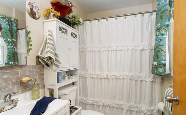 Bathroom with decorative shower curtain and storage