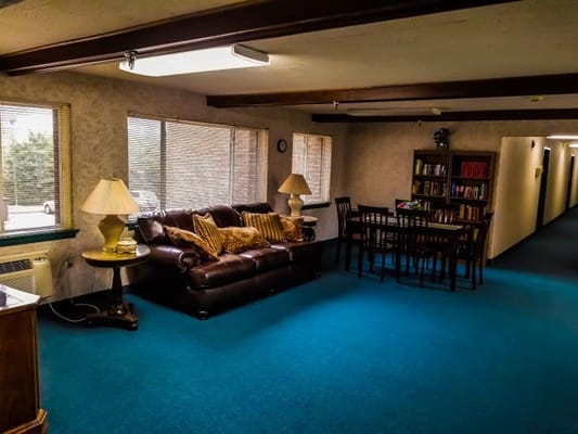 Lounge area with a brown sofa, dining table, and bookshelves.