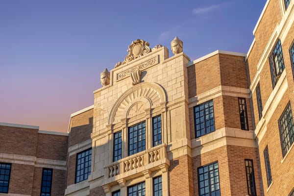 Close-up of the building's architectural details at sunset