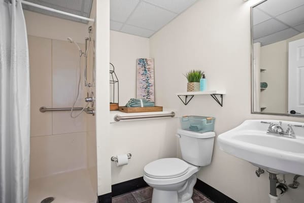 Accessible bathroom with shower and sink