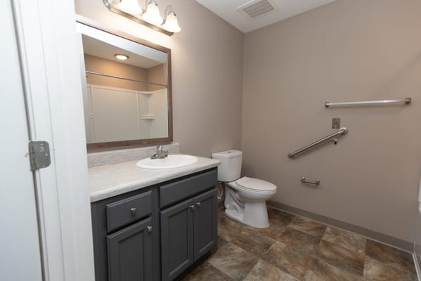 Bathroom with sink, toilet, and grab bars