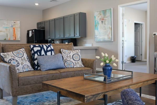 Living room with a brown sofa and decorative pillows