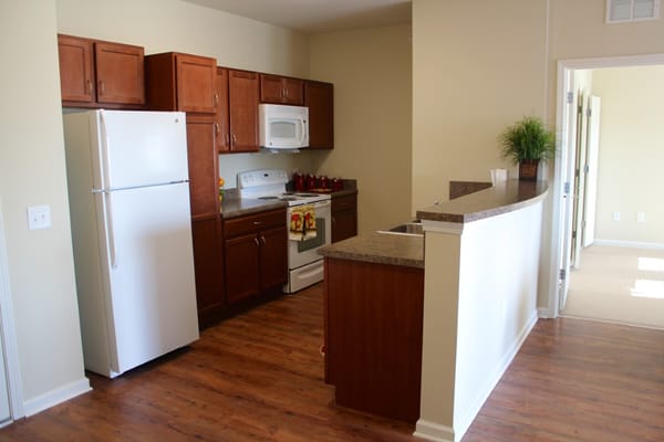 Interior view of a senior living apartment kitchen