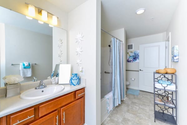 A well-lit bathroom area with modern amenities