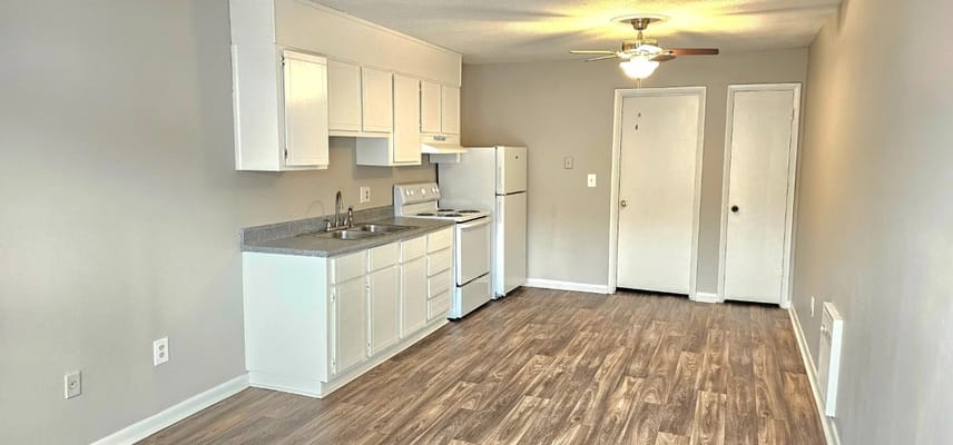 Interior view of a resident kitchen and living area