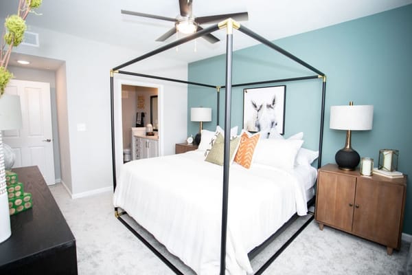 A stylish bedroom with modern decor and furnishings