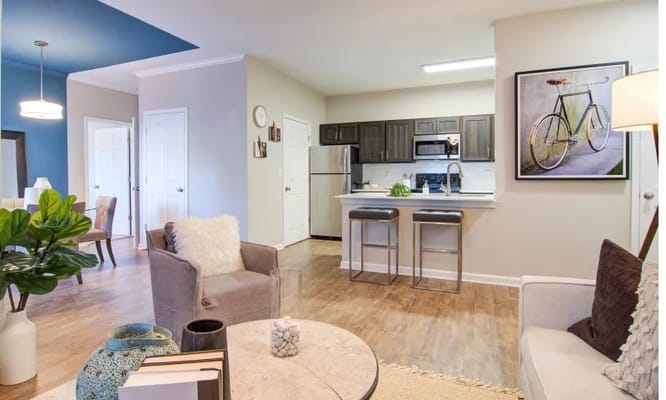 Bright and modern kitchen interior with seating area