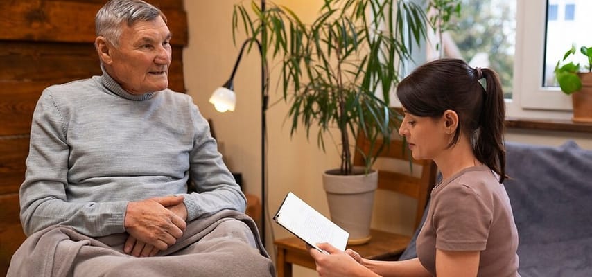A senior man listens attentively while a woman reads from a book.