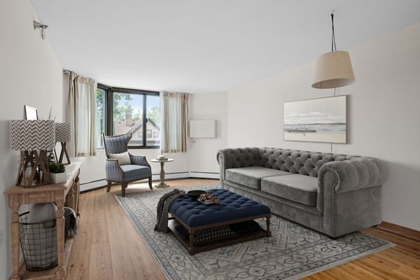 Bright interior common area with a cozy sofa