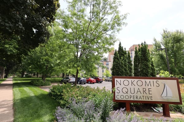 Exterior view of Nokomis Square Cooperative with landscaping