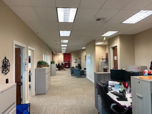 Bright interior office area with staff at work