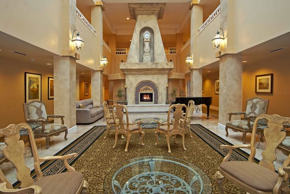 Elegant interior of a common area with a fireplace